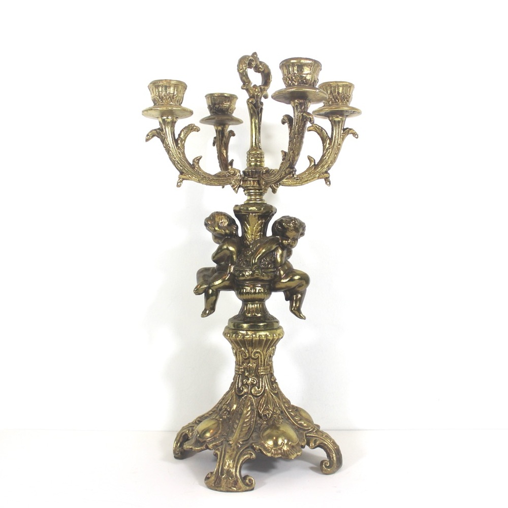 Antique Gilt Brass or Bronze Candelabra with Cherubs, Gold Candle Holder - Picture 6 of 10